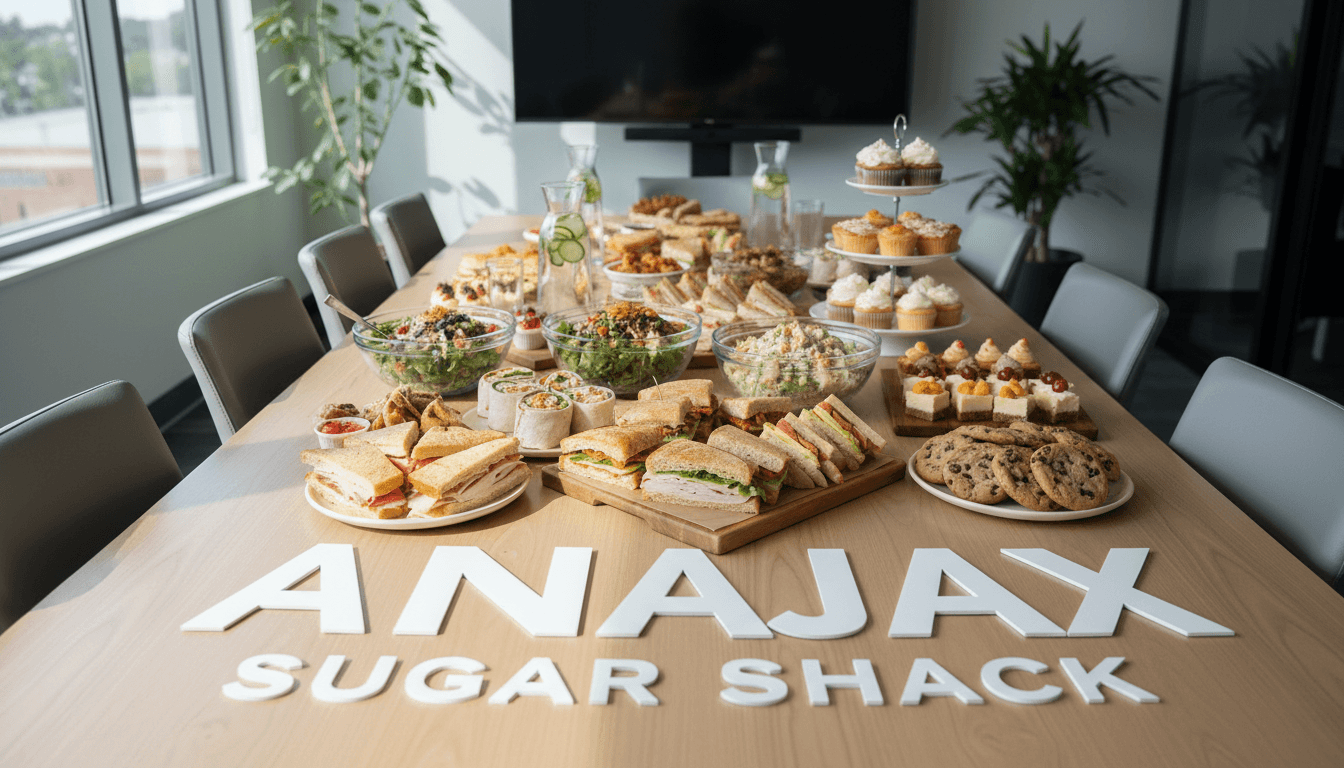 Conference room table with assorted AnnaJax Sugar Shack food and desserts.