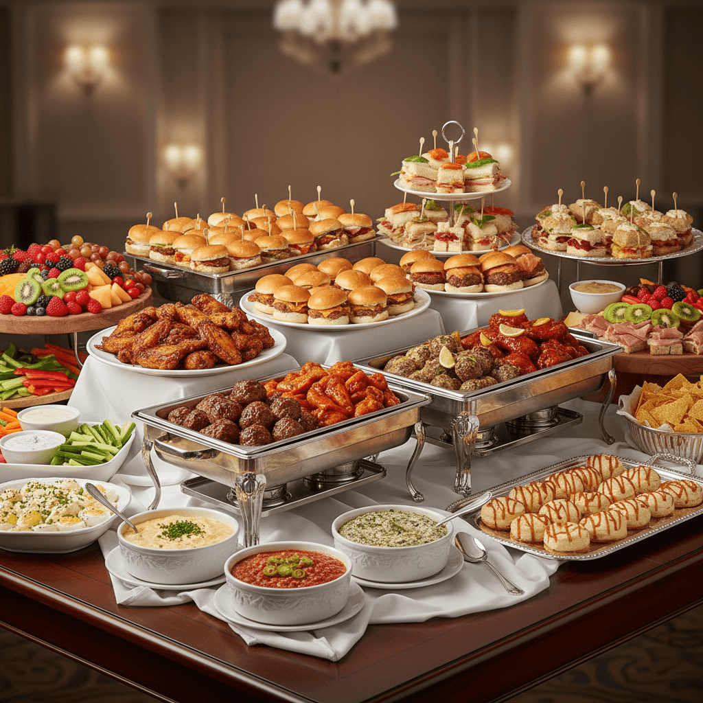 Elegant catering display with meatballs, wings, sliders, dips, and fresh trays.