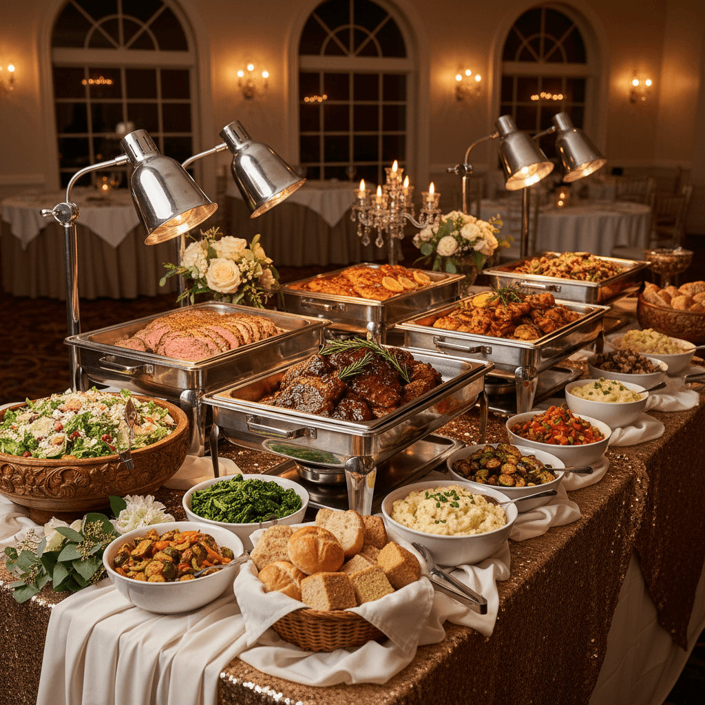 Elegant buffet with short ribs, prime rib, salmon, snapper, prawns, sides, and artisan breads.
