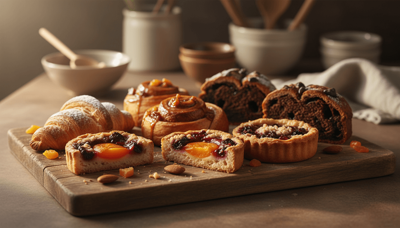 Freshly baked artisanal pastries and soulful bites displayed on a wooden board with warm natural lighting