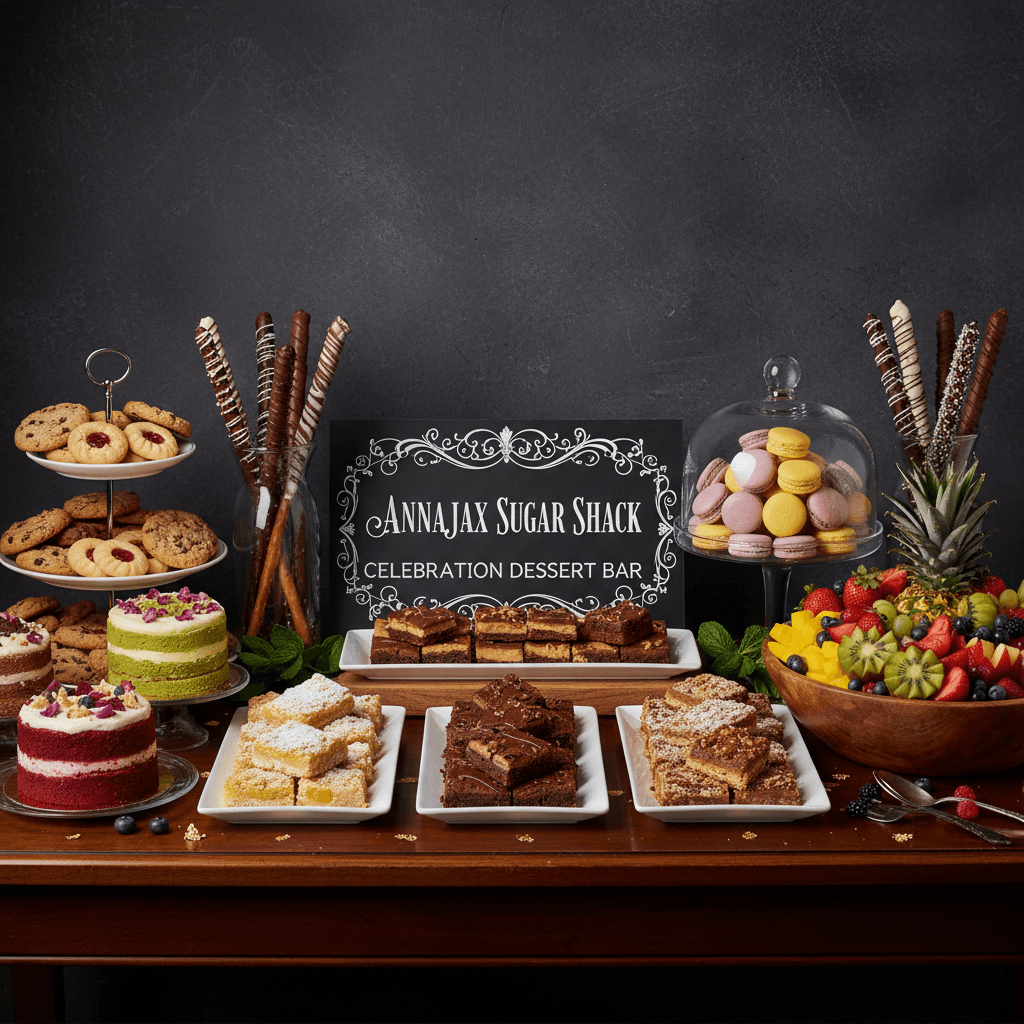 Elegant dessert buffet with bars, cookies, mini cakes, macarons, fruit, and chocolate pretzels