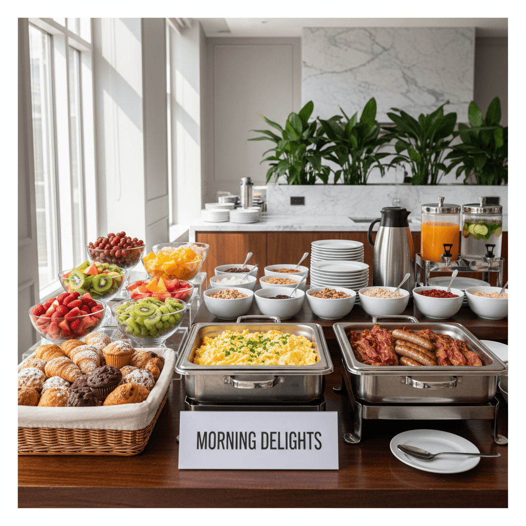 Breakfast bar with pastries, fruit, eggs, and hot items in a bright kitchen setting